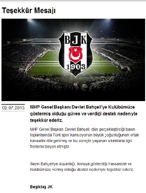 BJK Teşekkür Mesajı