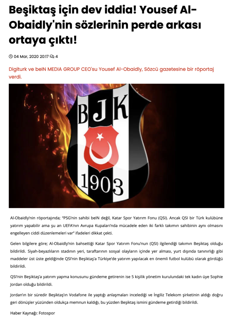 Bir kaç yıl önce Katar Spor Yatırım Fonu’nun (QSI) ilgilendiği takımın Beşiktaş olduğu yönünde medyada haberler çıkmıştı.