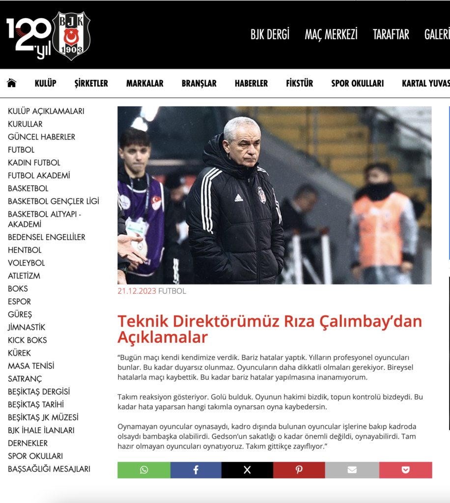 Beşiktaş Kulübünün Resmi Web Sitesi Rıza Çalımbay
