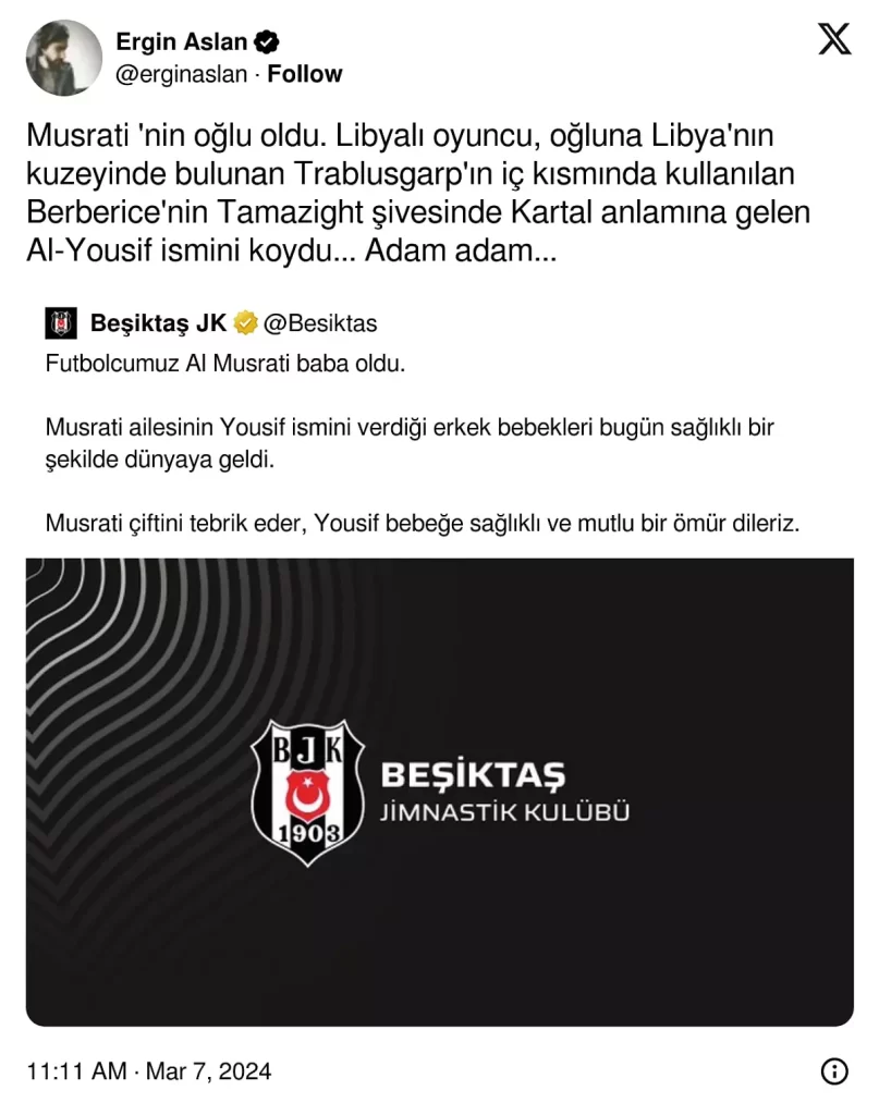 Gazeteci Ergin Aslan'ın Beşiktaş Kulübünün resmi hesabından yaptığı paylaşımdan alıntı yapıp attığı twitin sebep olduğu anlaşıldı.