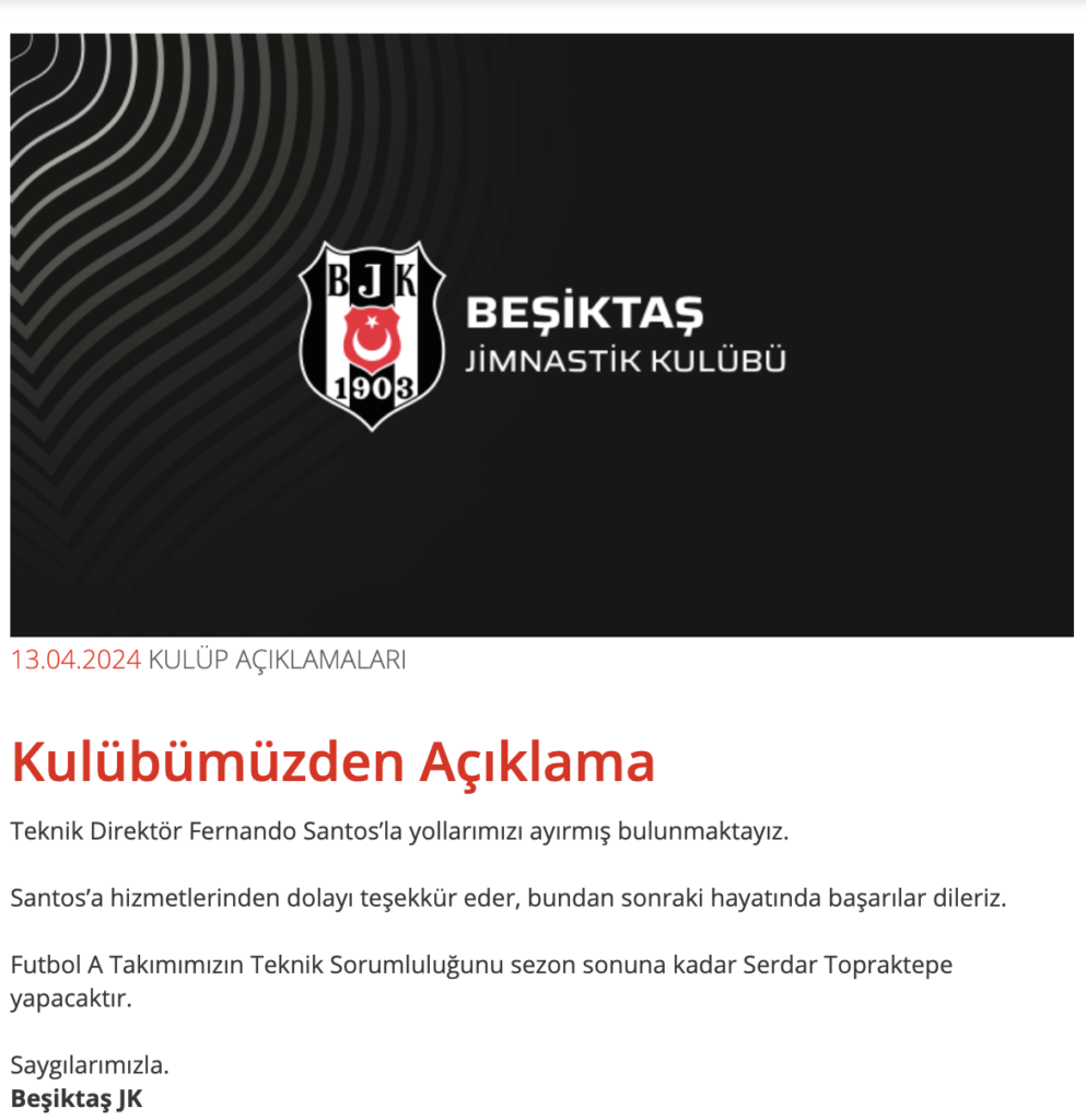 Maç sonu Beşiktaş Kulübünün resmi web sitesinden şu açıklama yapıldı.