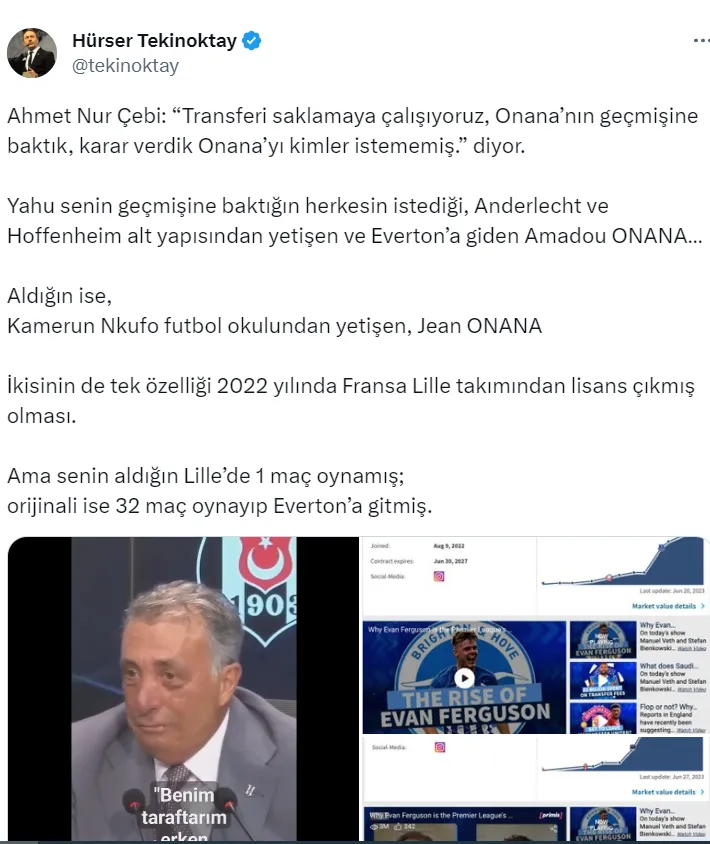 Hürser Tekinoktay’dan Ahmet Çebi’ye; “Yanlış Onana’yı almışsın”