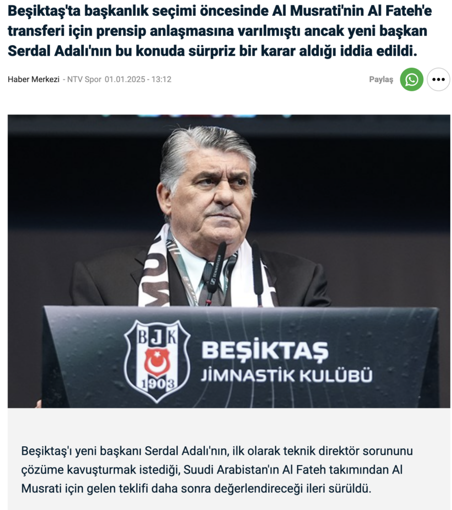Al Musrati satın alma opsiyonsuz olarak kiralanıyor 4 Serdal Adalı'nın, ilk olarak teknik direktör sorununu çözüme kavuşturmak istediği, Suudi Arabistan'ın Al Fateh takımından Al Musrati için gelen teklifi daha sonra değerlendireceği ileri sürülmüştü.