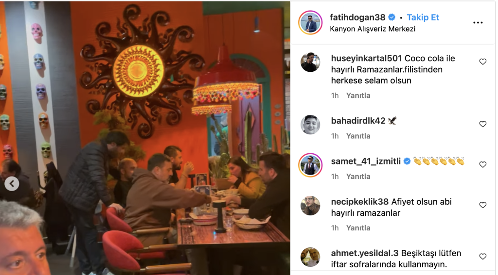Fatih Doğan'ın paylaşımına bazı Beşiktaşlı taraftarlar "Coco cola ile hayırlı Ramazanlar" Filistinden herkese selam olsun" "Müslüman Mahallesi'nde salyangoz yiyin hayırlı iftarlar" gibi tepkilerde bulundu.