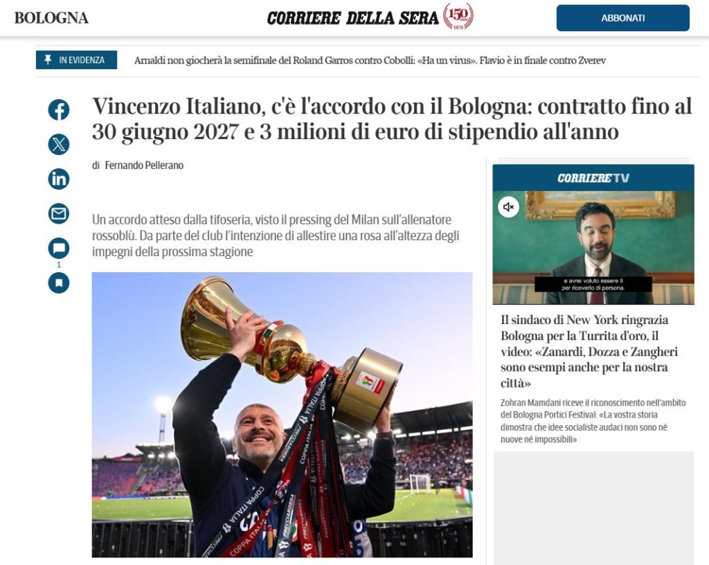 Vincenzo Italiano, Bologna ile anlaşmaya vardı: 30 Haziran 2027'ye kadar geçerli bir sözleşme ve yıllık 3 milyon avro maaş.